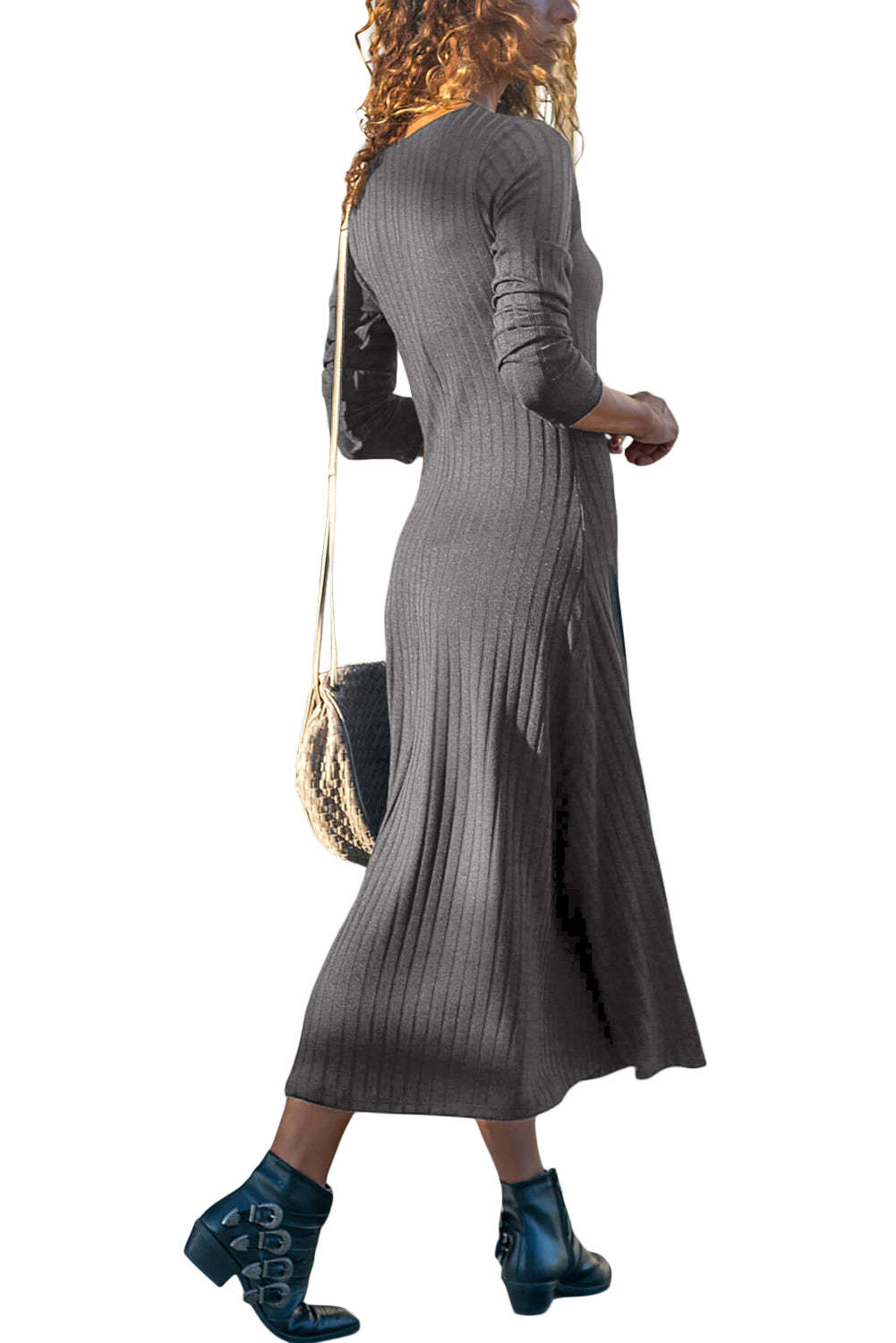 Button Front Long Sleeve Ribbed Maxi Dress