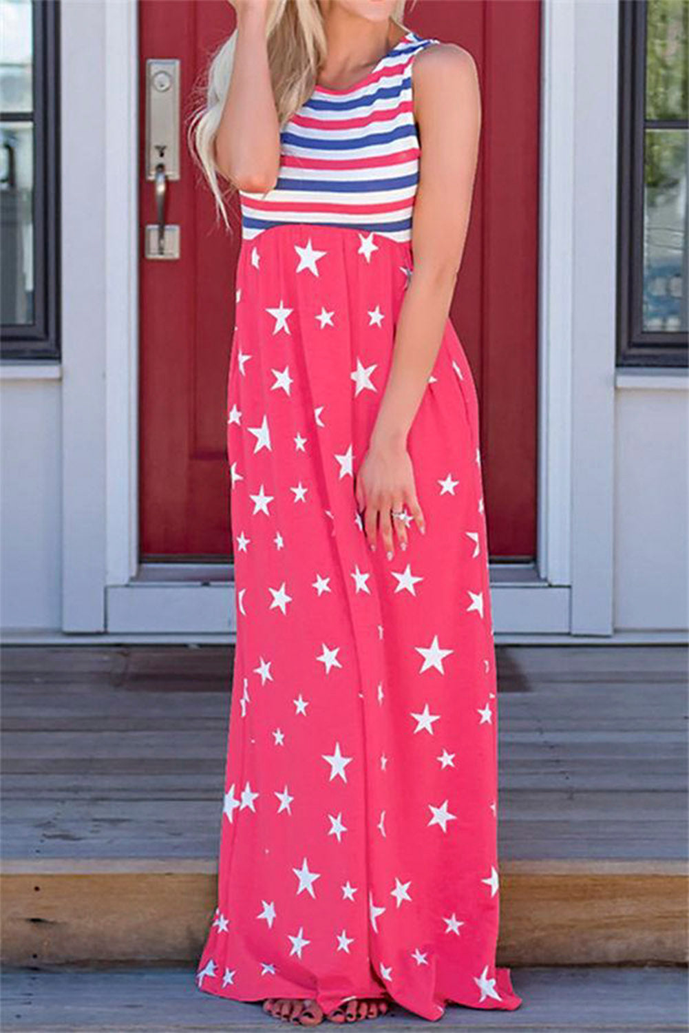 验bug，限时促销1，原价19.99，限时促销价10.99Stripes and Stars Sleeveless Maxi Dress w