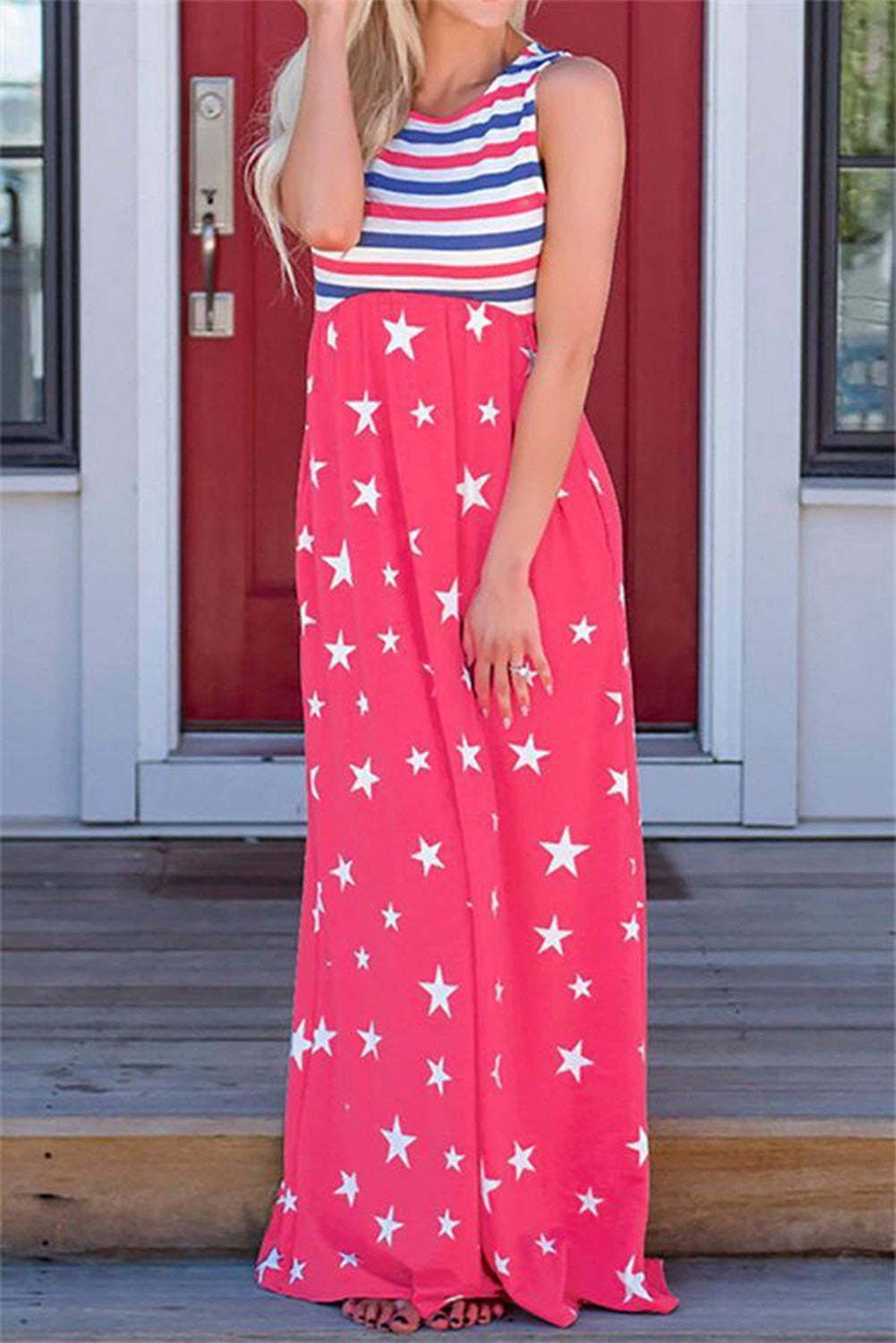 验bug，限时促销1，原价19.99，限时促销价10.99Stripes and Stars Sleeveless Maxi Dress w