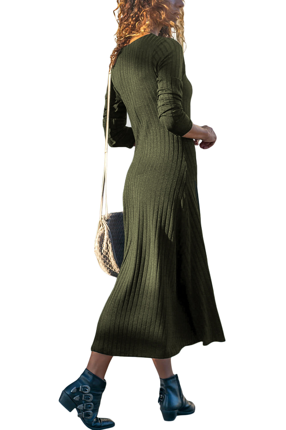 Button Front Long Sleeve Ribbed Maxi Dress