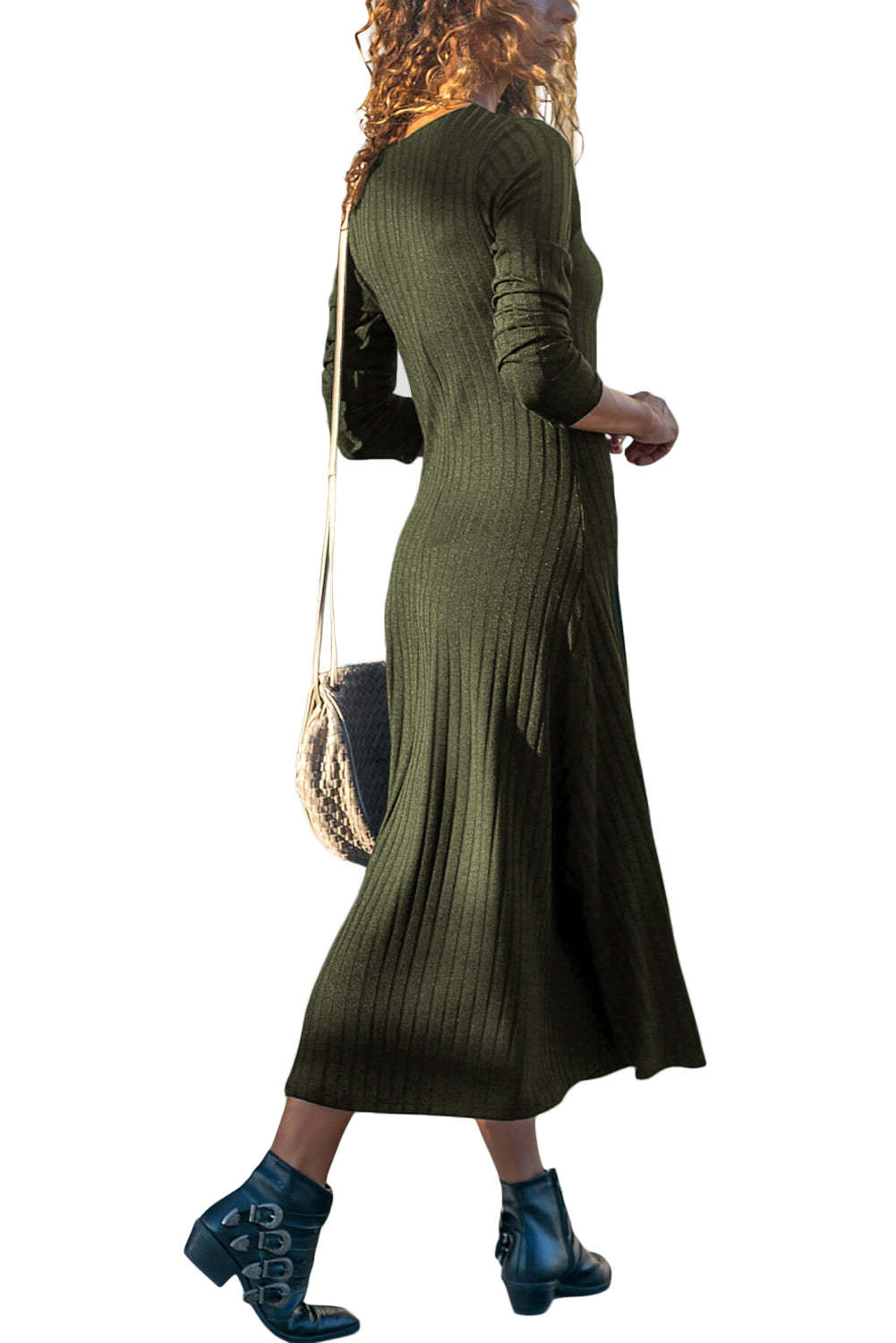 Button Front Long Sleeve Ribbed Maxi Dress