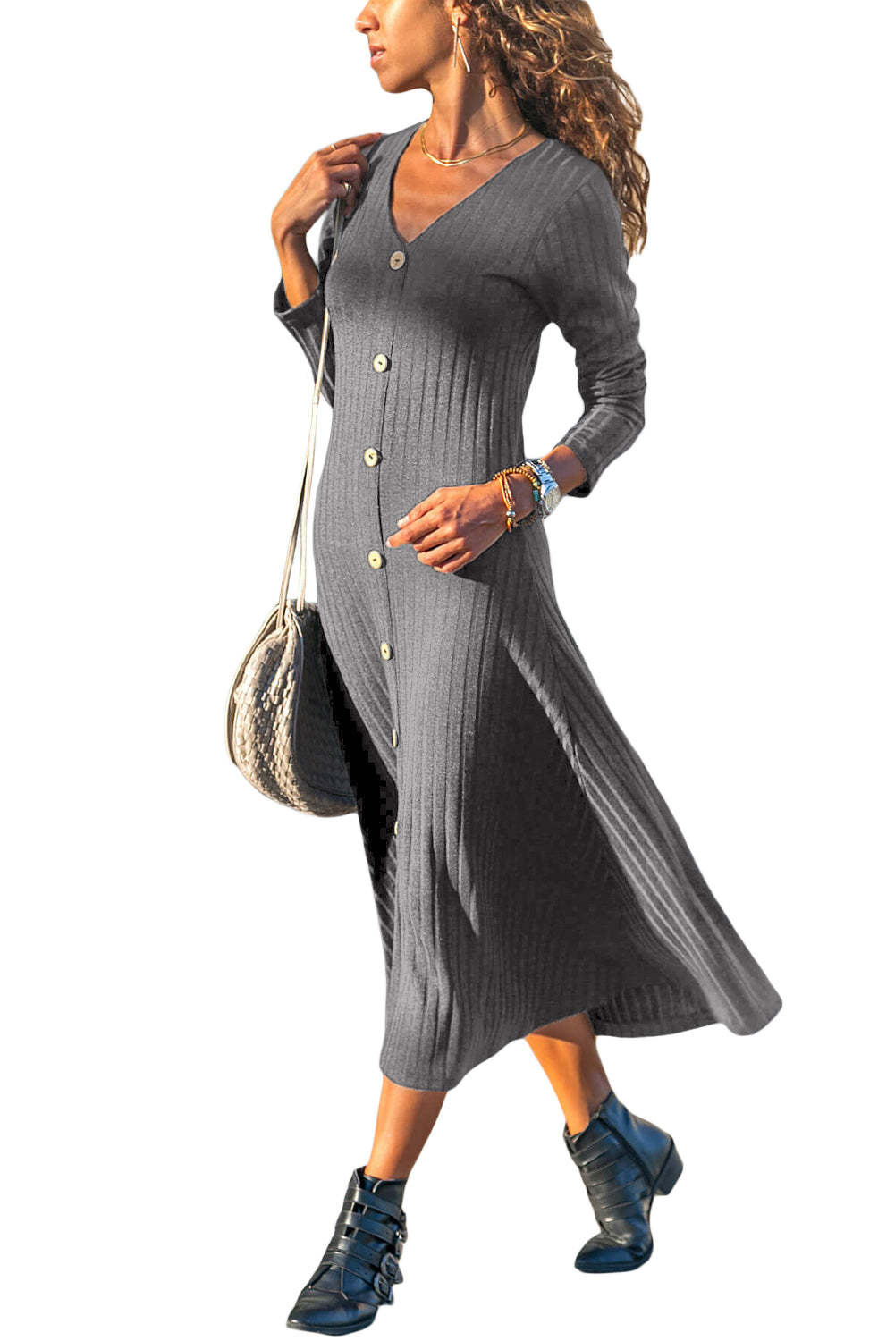 Button Front Long Sleeve Ribbed Maxi Dress