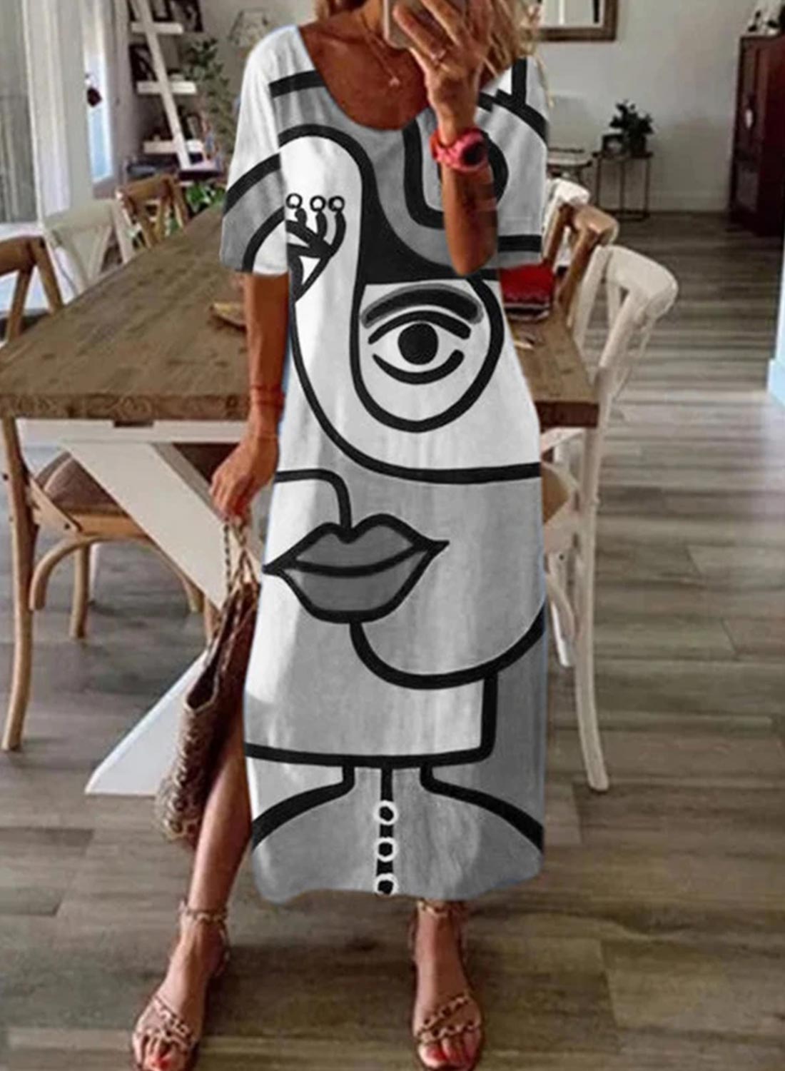 验证bug，普通商品售价28.99；Women's Maxi Dresses Color-block Abstract Short Sleeve V Neck Casual Maxi Dress