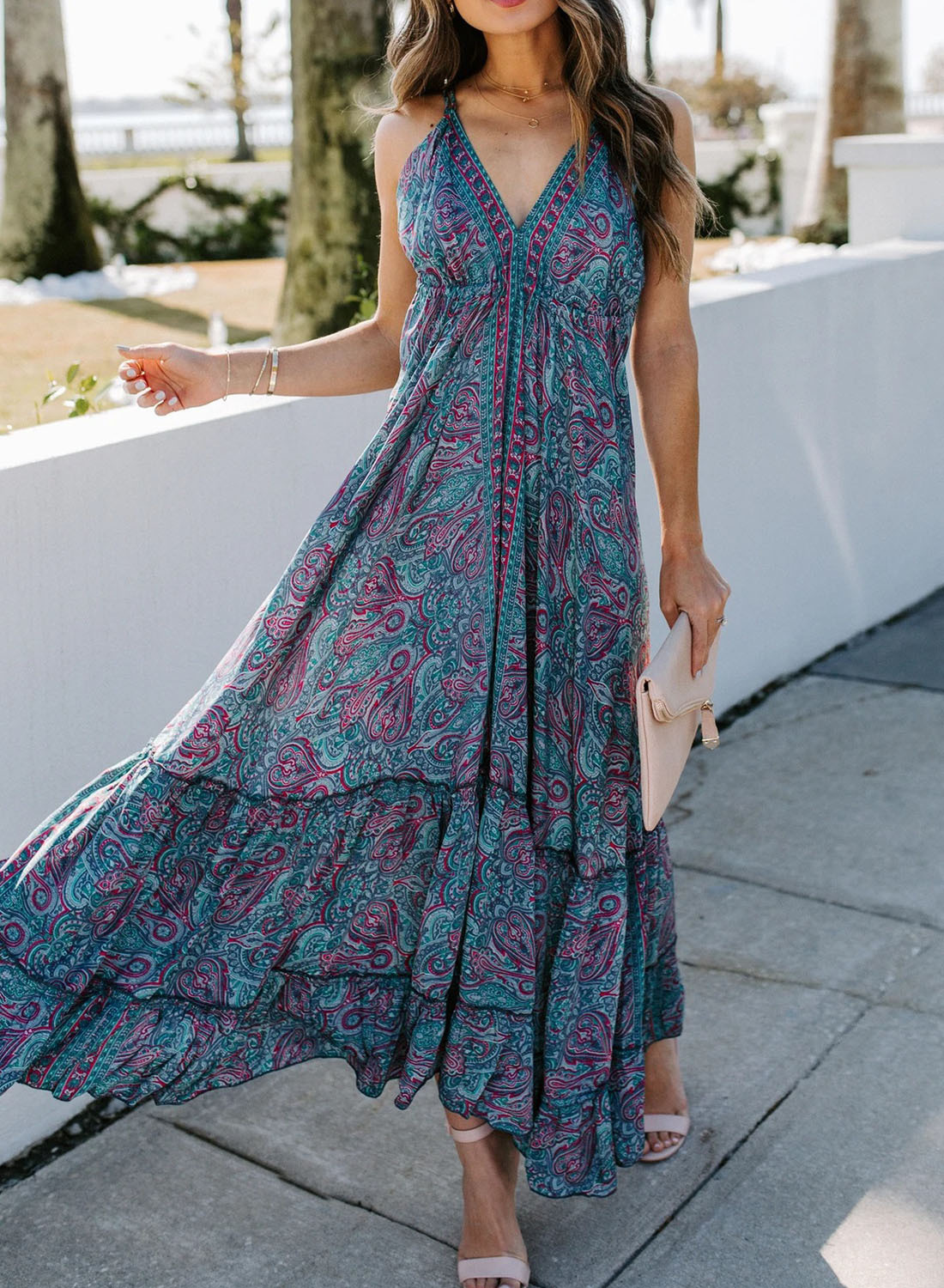 【会员价商品&限时促销价】Women's Dresses Floral Backless Ruffled Maxi Dress