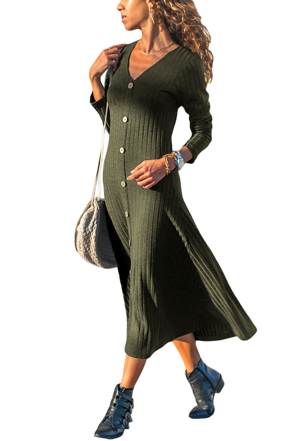 Button Front Long Sleeve Ribbed Maxi Dress