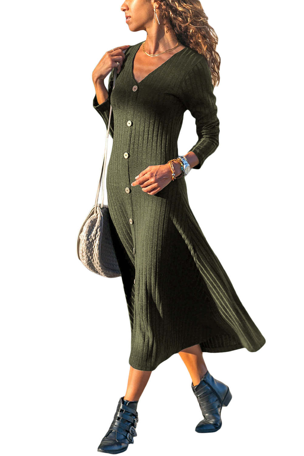 Button Front Long Sleeve Ribbed Maxi Dress