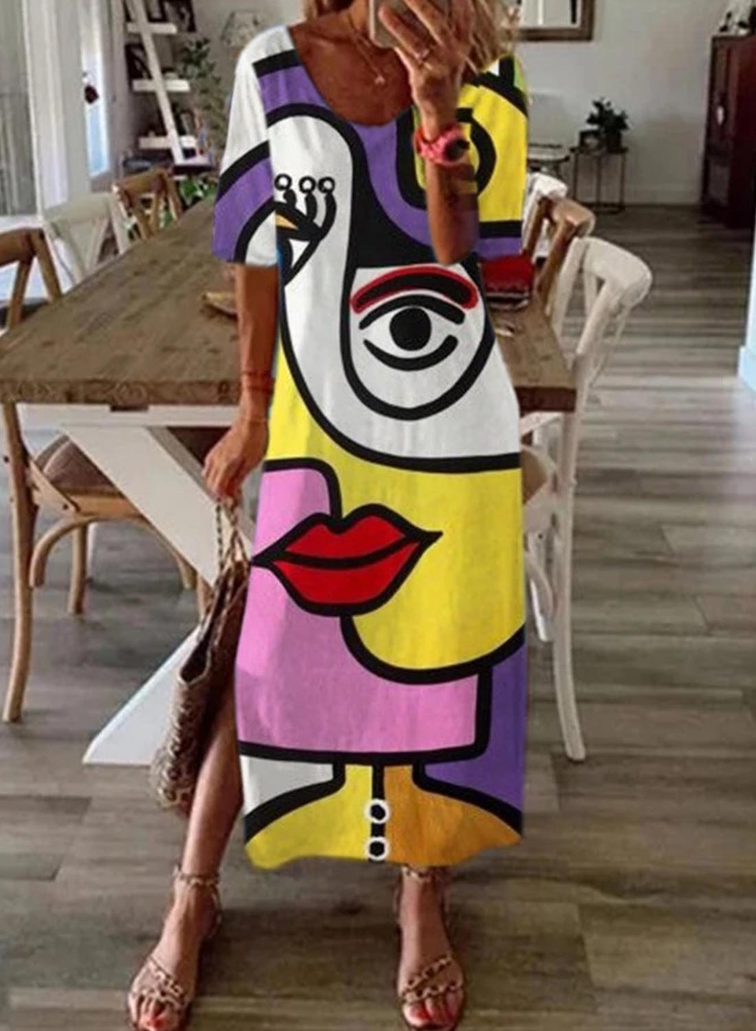 验证bug，普通商品售价28.99；Women's Maxi Dresses Color-block Abstract Short Sleeve V Neck Casual Maxi Dress