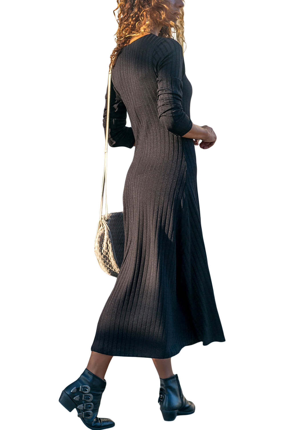 Button Front Long Sleeve Ribbed Maxi Dress