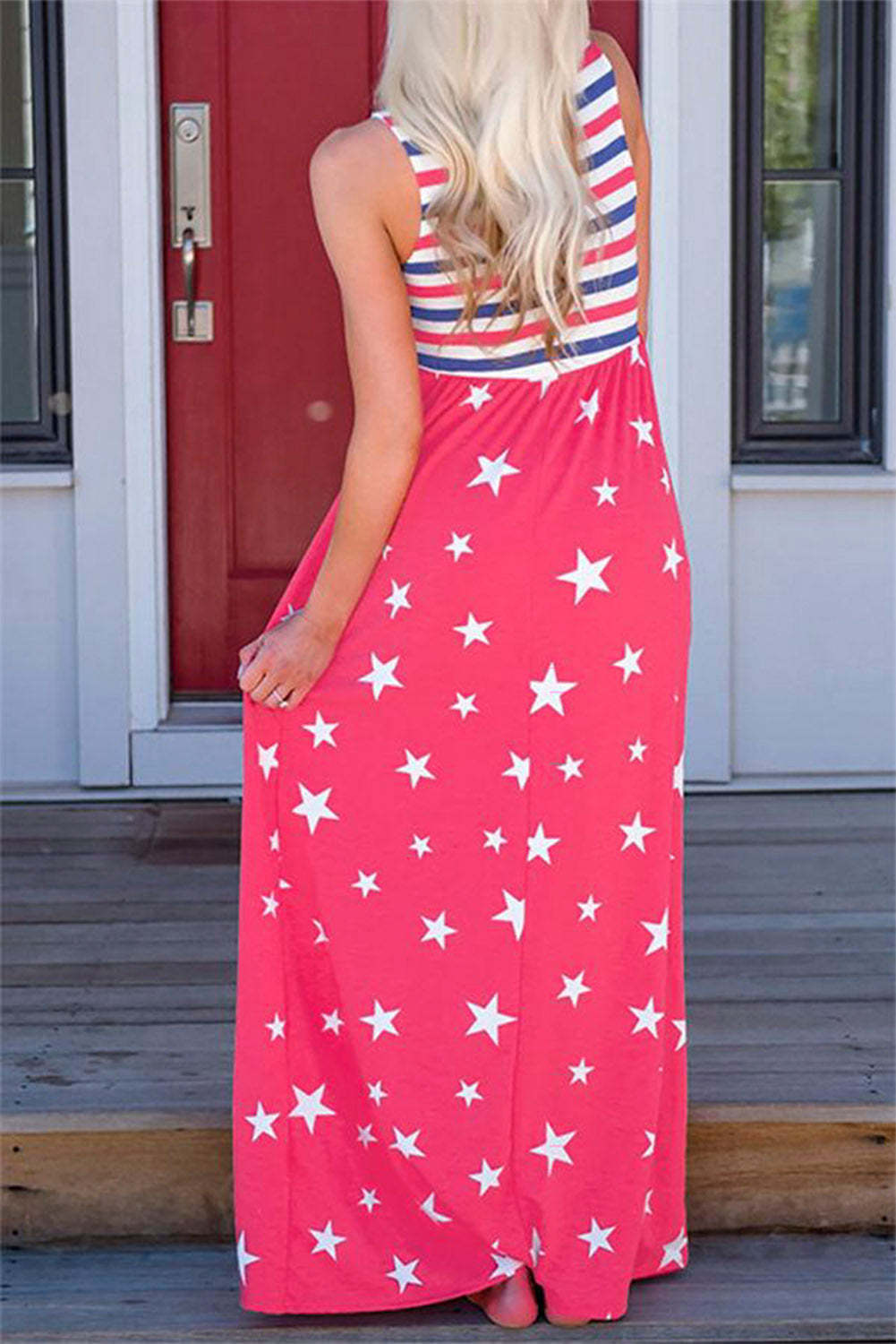 验bug，限时促销1，原价19.99，限时促销价10.99Stripes and Stars Sleeveless Maxi Dress with Pockets